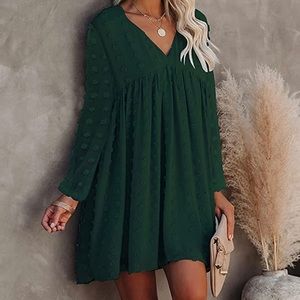 KIRUNDO Women‘s Long Sleeves Short V Neck Swiss Dot Loose Fit Babydoll